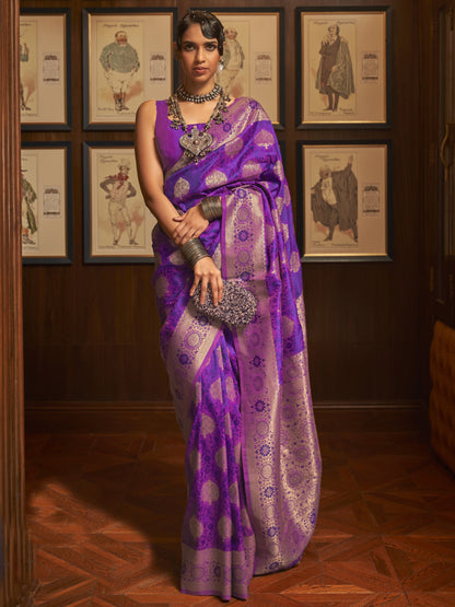 Dark Purple Woven Banarasi Saree