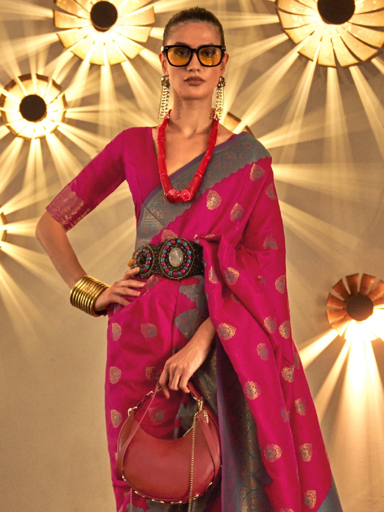 Deep Pink Woven Banarasi Saree