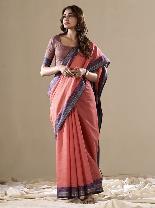 Salmon Peach Handloom Cotton Saree