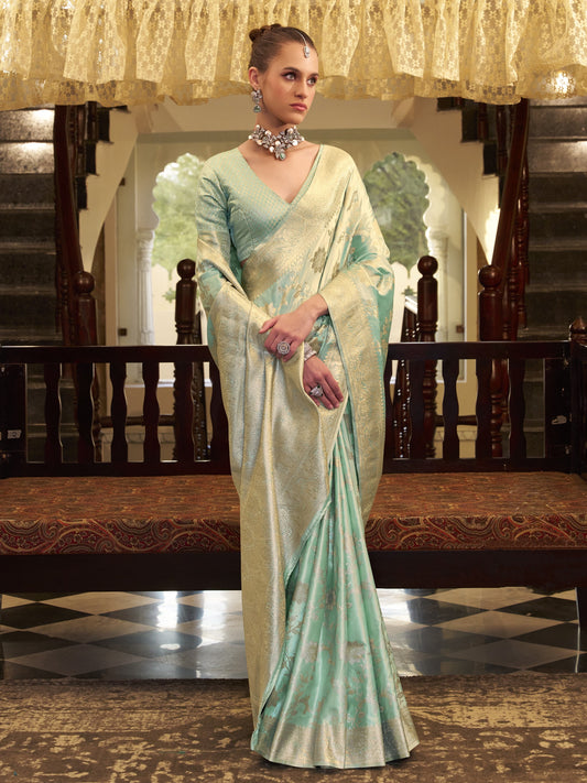 Aqua Green Woven Banarasi Satin Silk Saree
