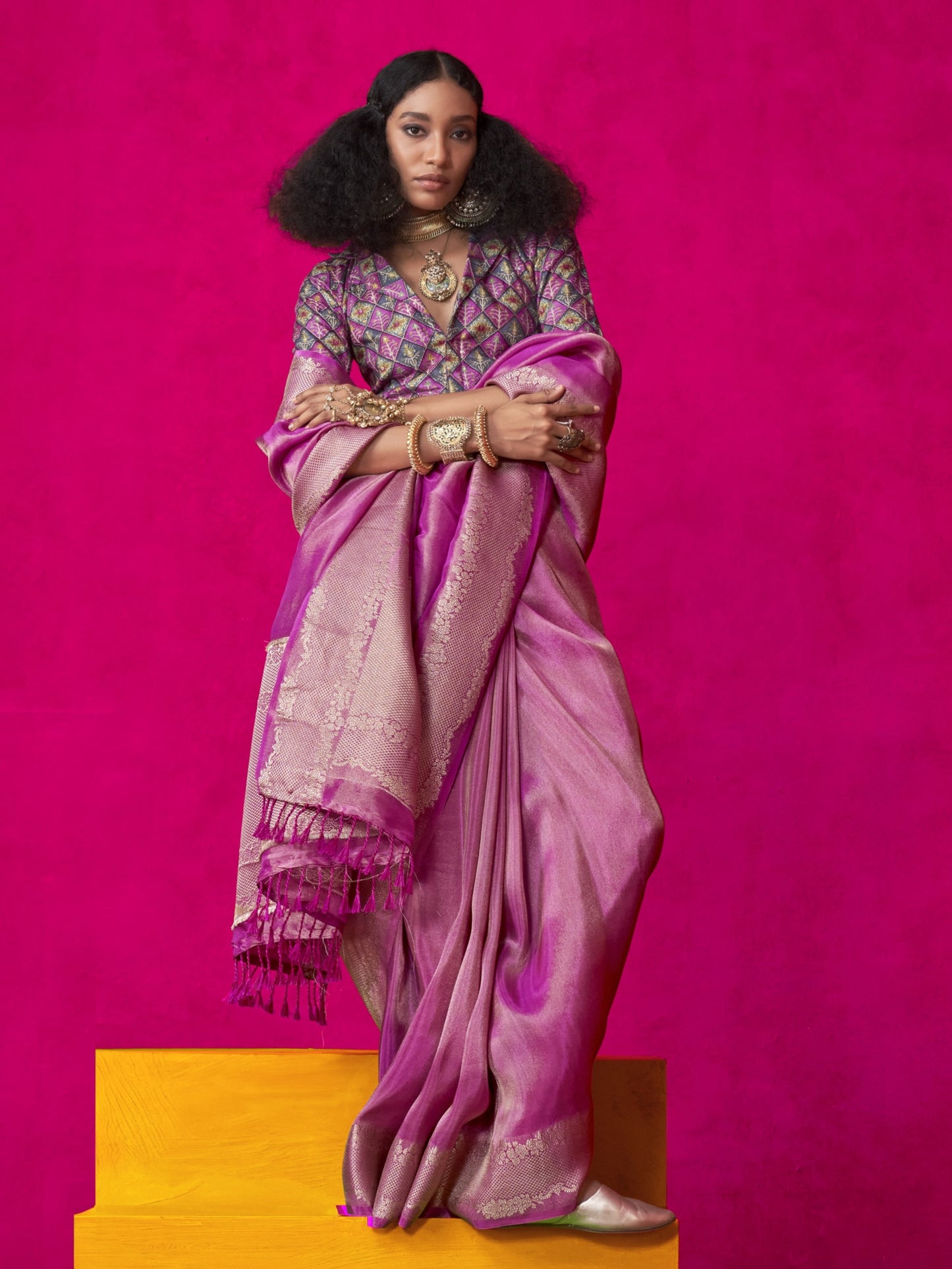 Festive Purple Zari Woven Tissue Silk Saree with Contrast Blouse