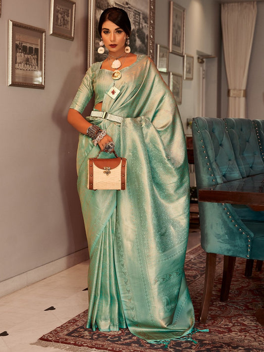 Glass Turquoise Woven Kanjivaram Saree