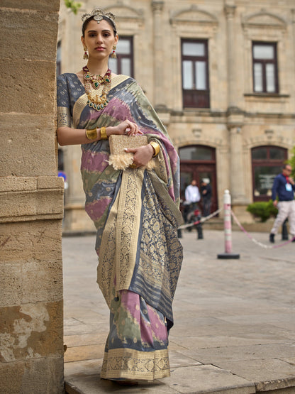 Ash Gray with Multicolor Banarasi Print Soft Silk Saree