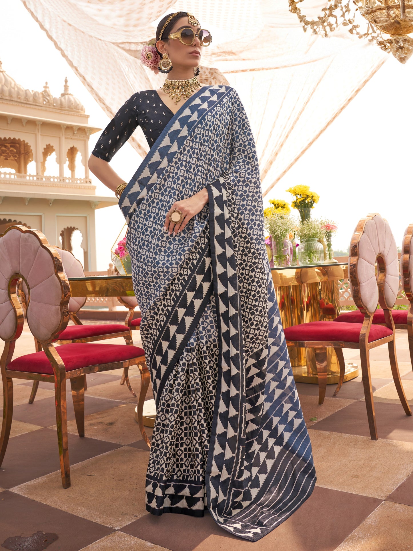 Prussian Blue Printed Patola Silk Saree