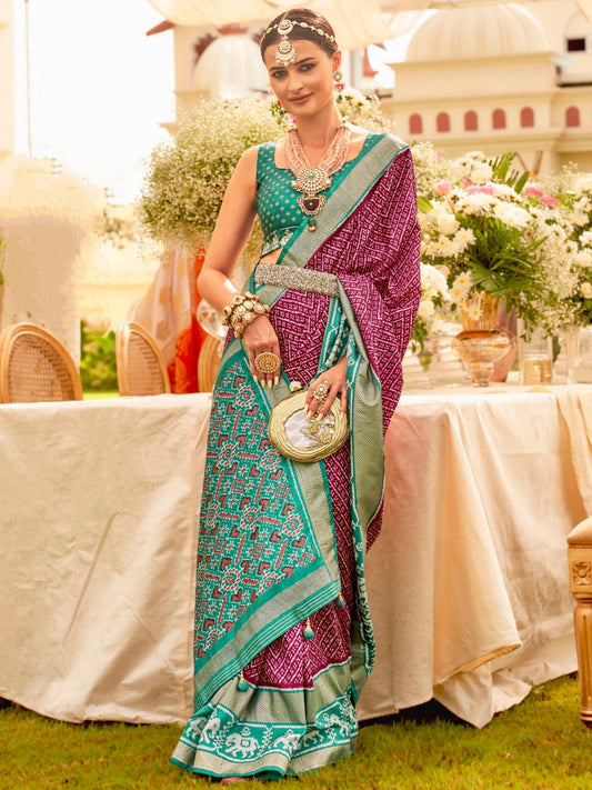 Magenta and Teal Patola Saree