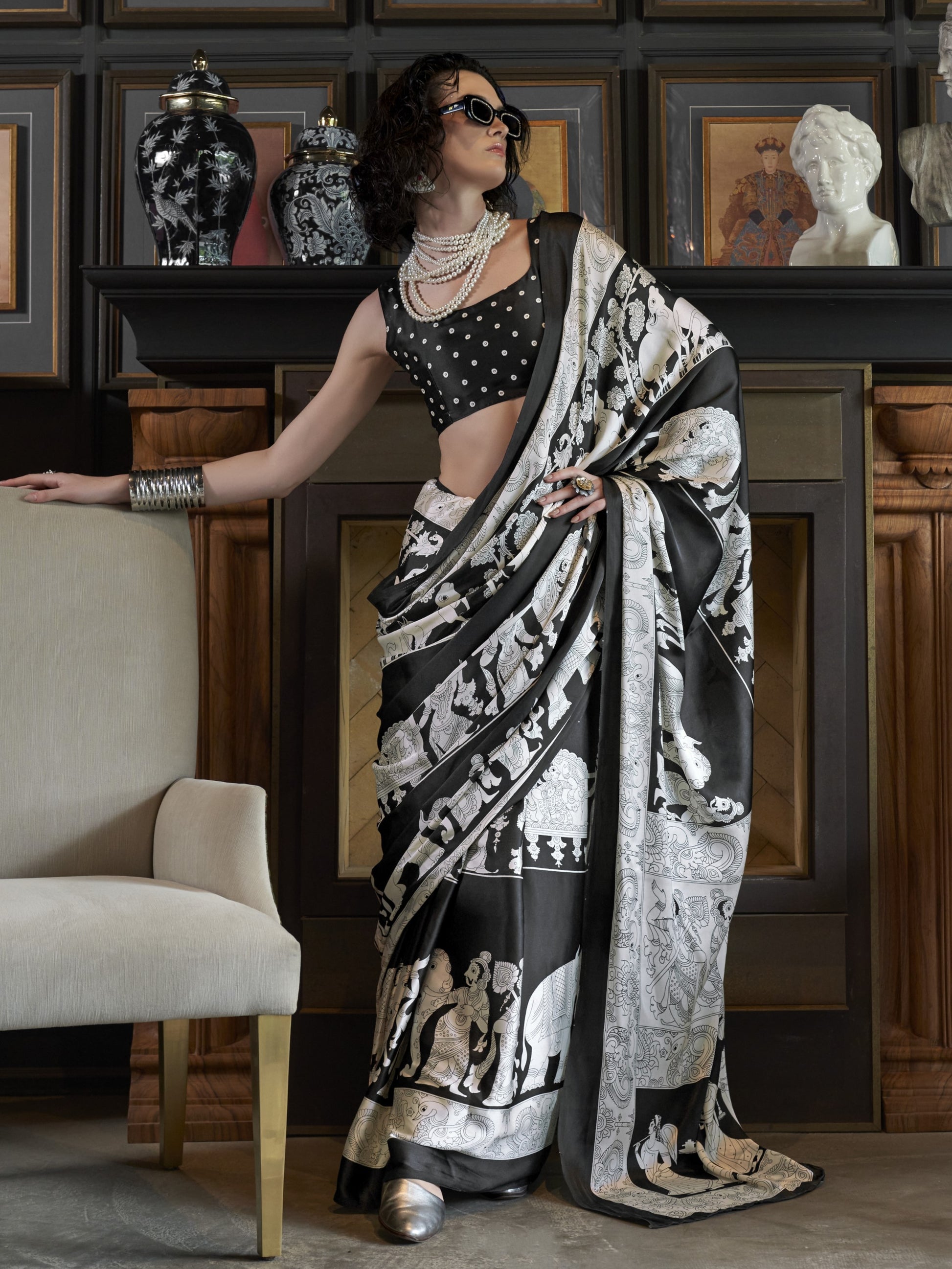 black & white satin silk saree