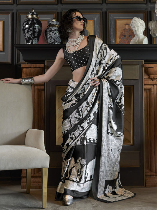 black & white satin silk saree