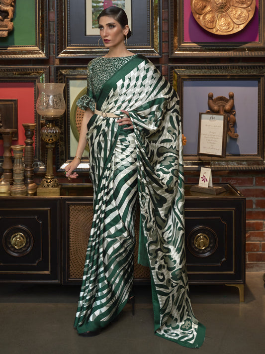 White & Green Satin Silk Printed Saree