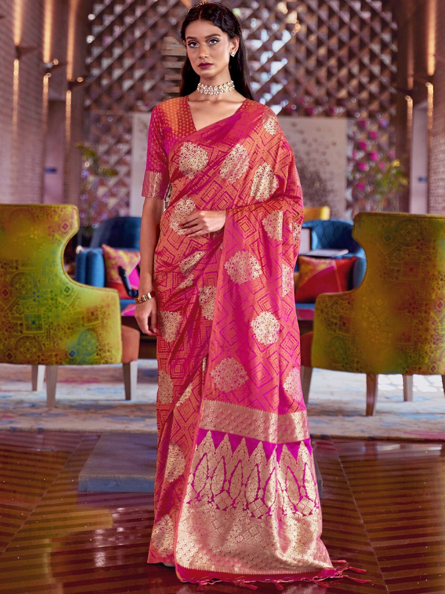 Georgia Pink Satin Silk Banarasi Saree