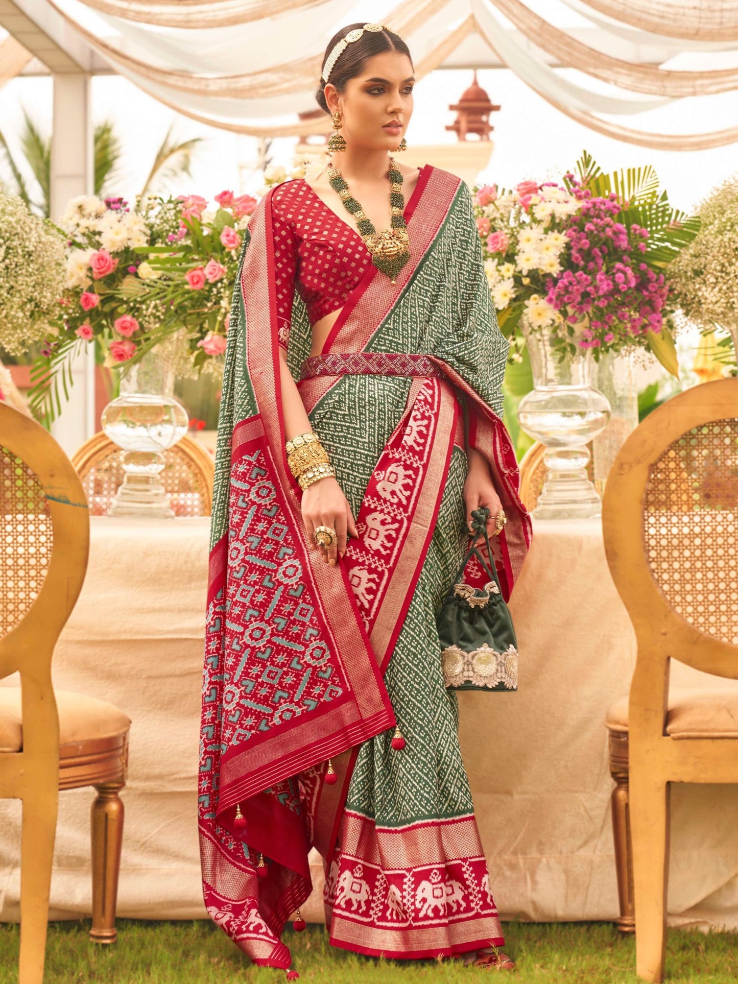 Deep Green and Maroon Patola Saree