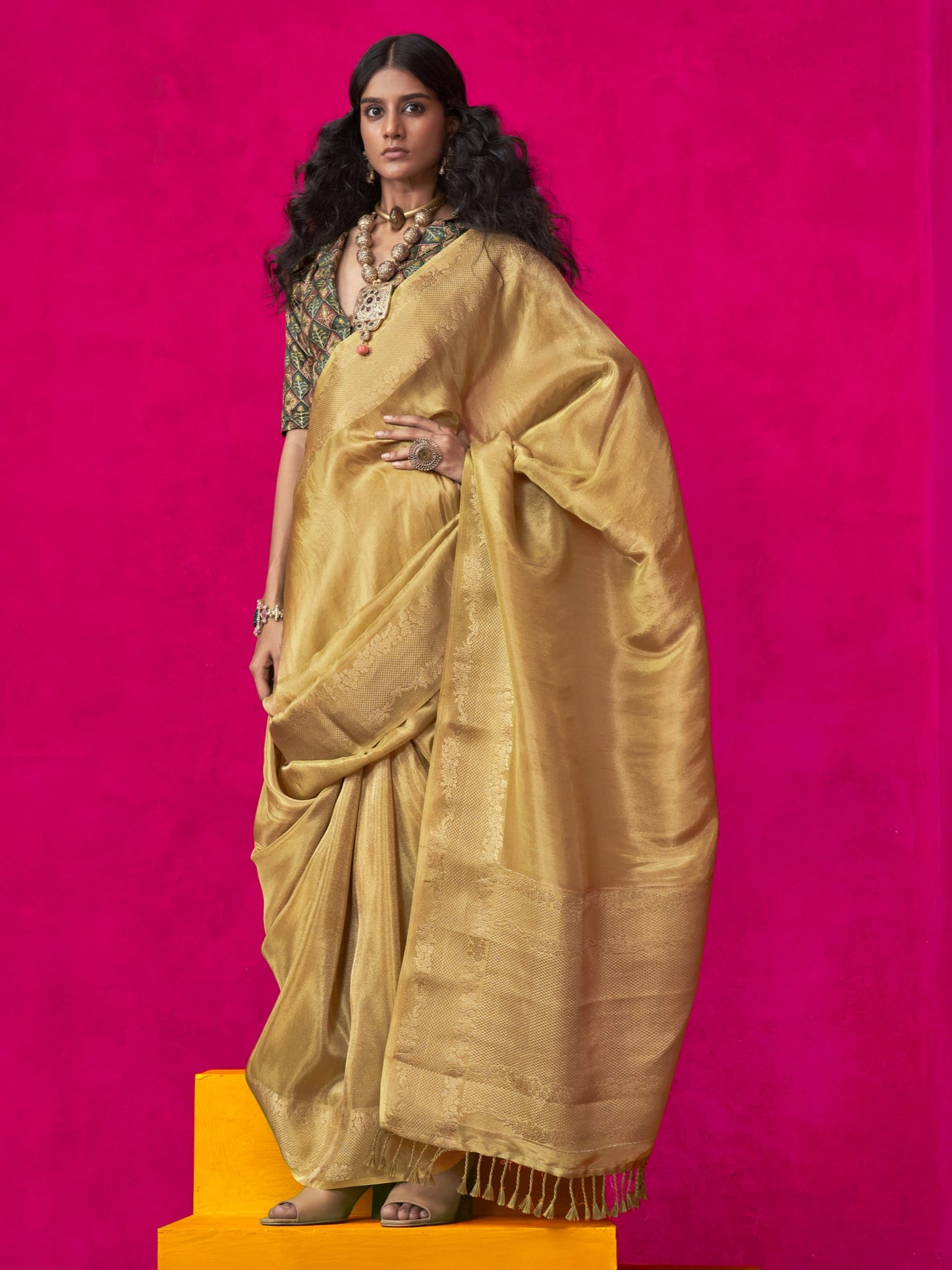 Imperial Golden Zari Woven Tissue Silk Saree with Contrast Blouse