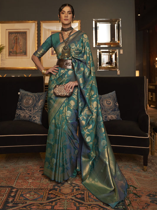 Turquoise Green Woven Banarasi Saree
