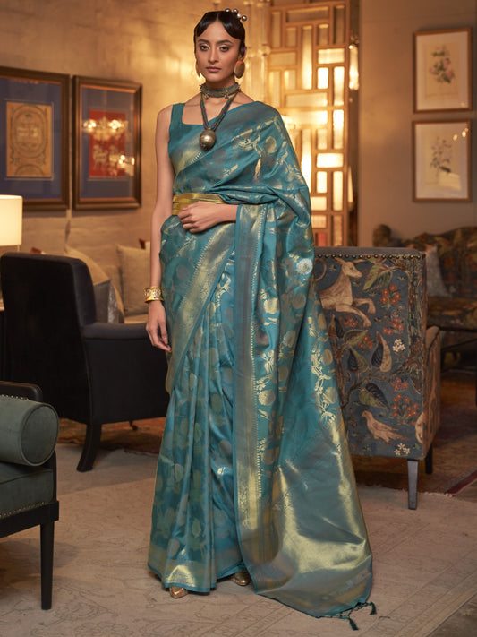 Teal Blue Woven Banarasi Saree