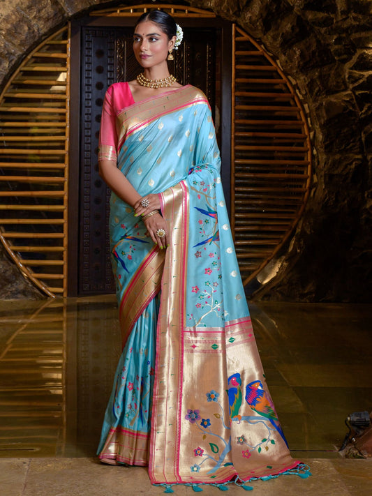 Baby Blue Woven Paithani Saree