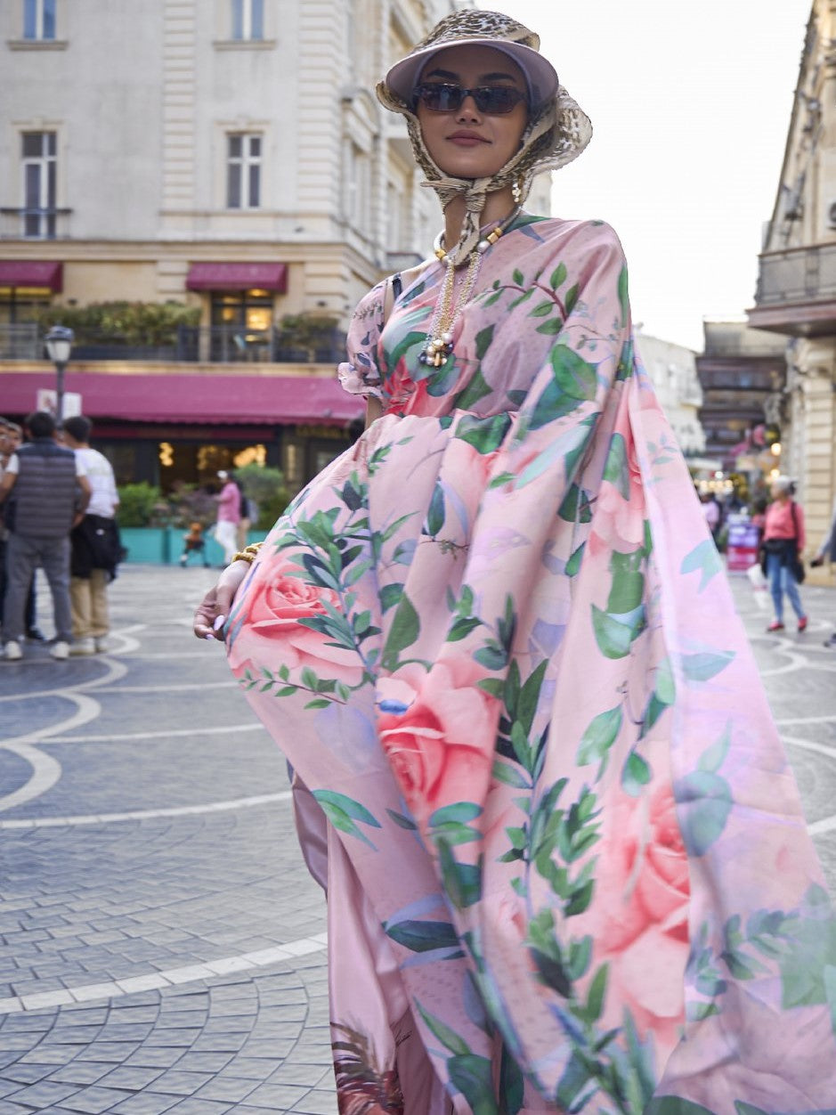 Light Pink Floral Print Crepe Saree