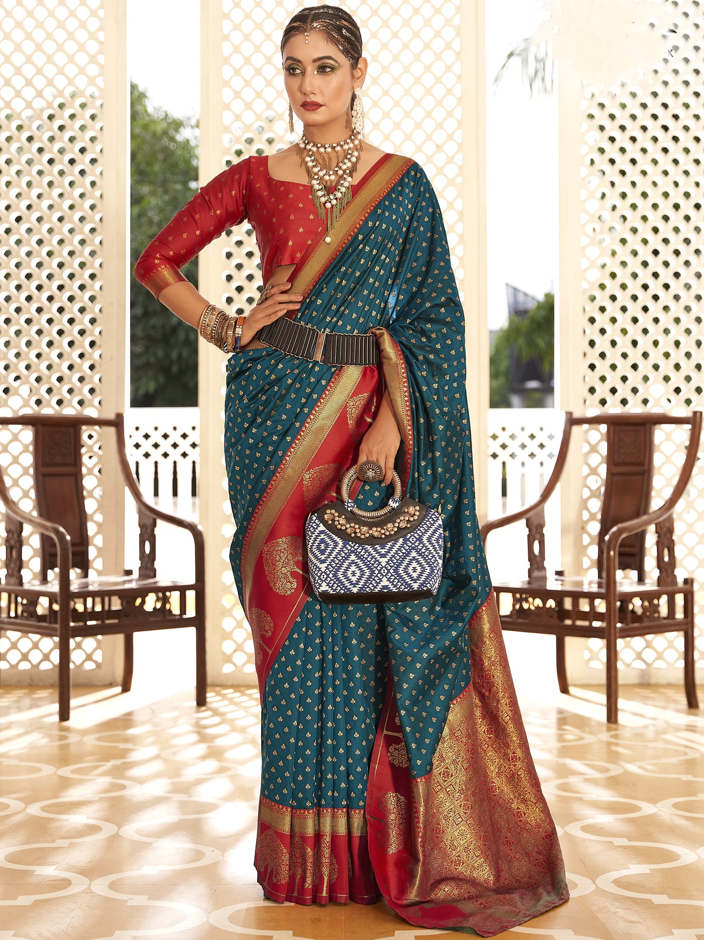 Vivid Blue Woven Banarasi Soft Silk Saree