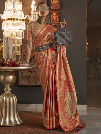 Ginger Orange Woven Banarasi Saree