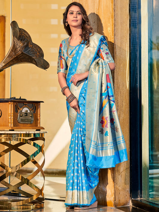 Deep Sky Blue Paithani Saree