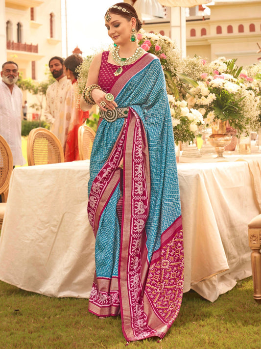 Sky Blue and Magenta Patola Saree