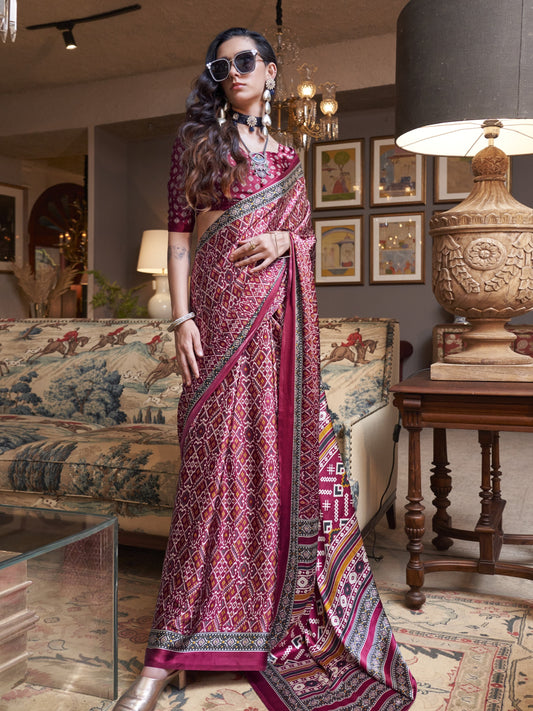 Unique Red Patola Print Satin Crepe Silk Saree