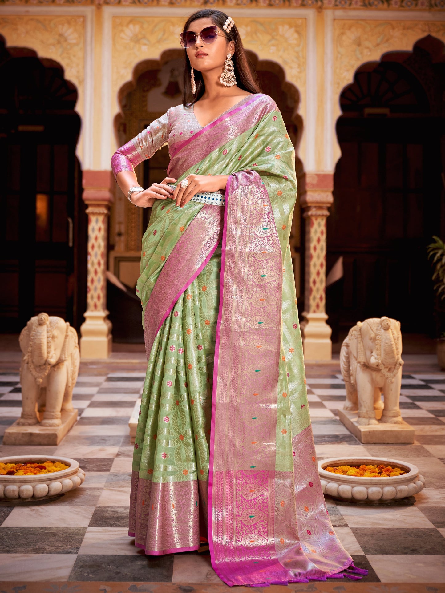 Pistachio Green Tissue Silk Saree