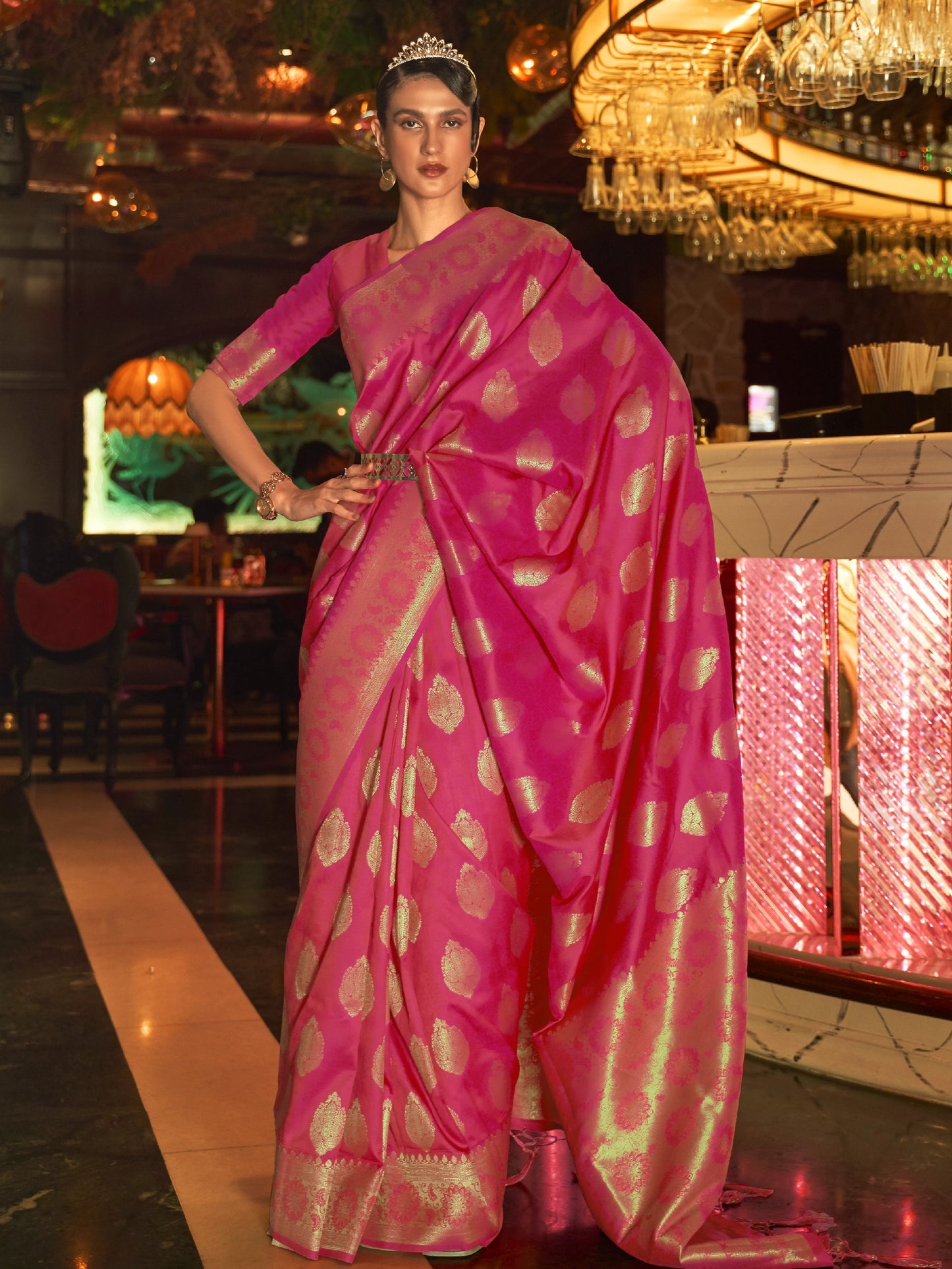 Rani Pink Woven Banarasi Saree