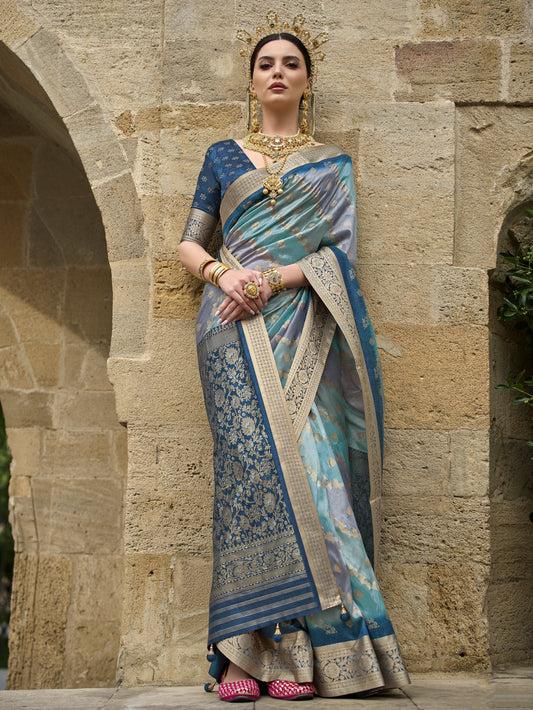 Steel Blue with Multicolor Banarasi Print Soft Silk Saree