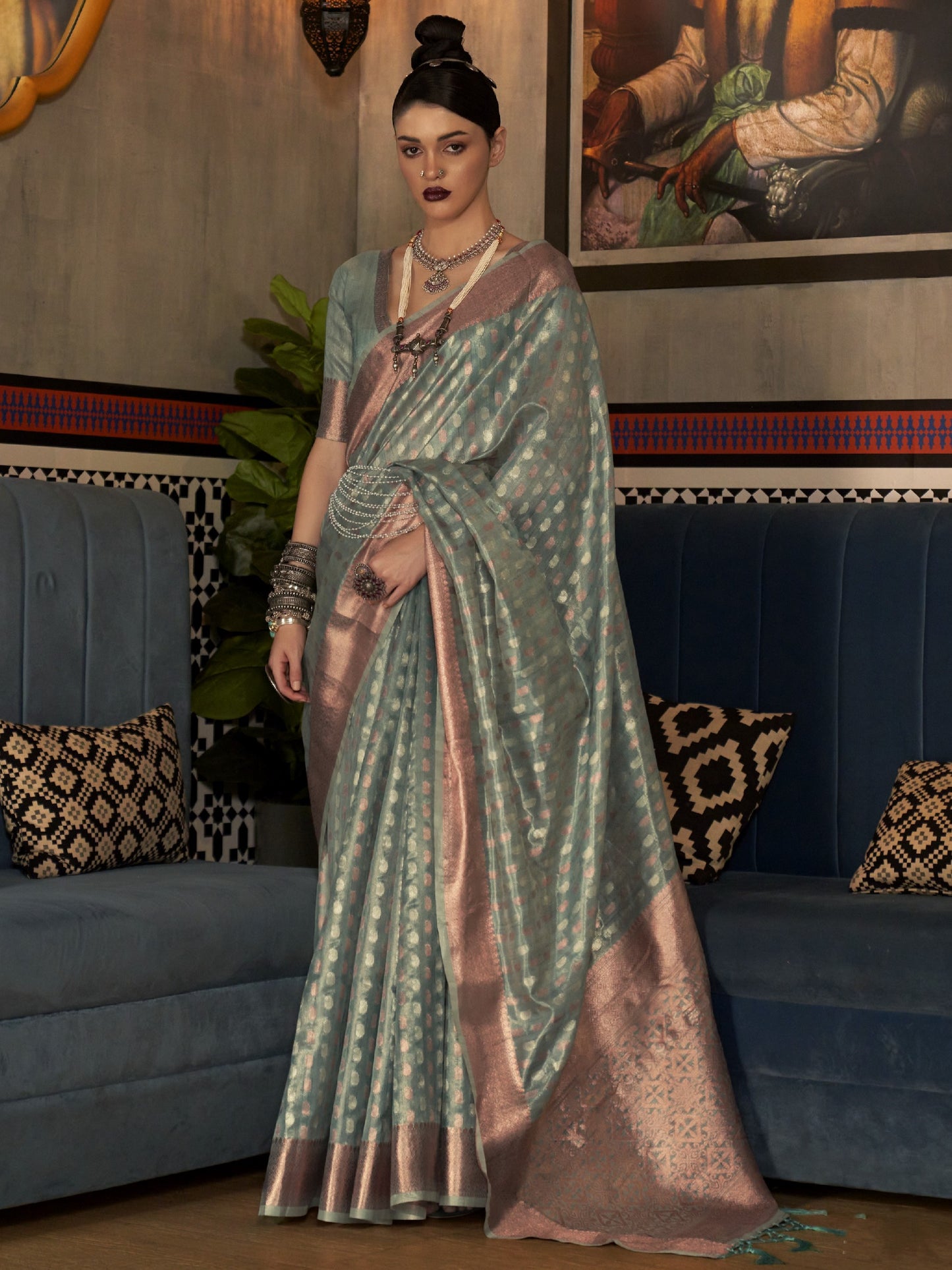 Sage Gray Tissue Silk Saree