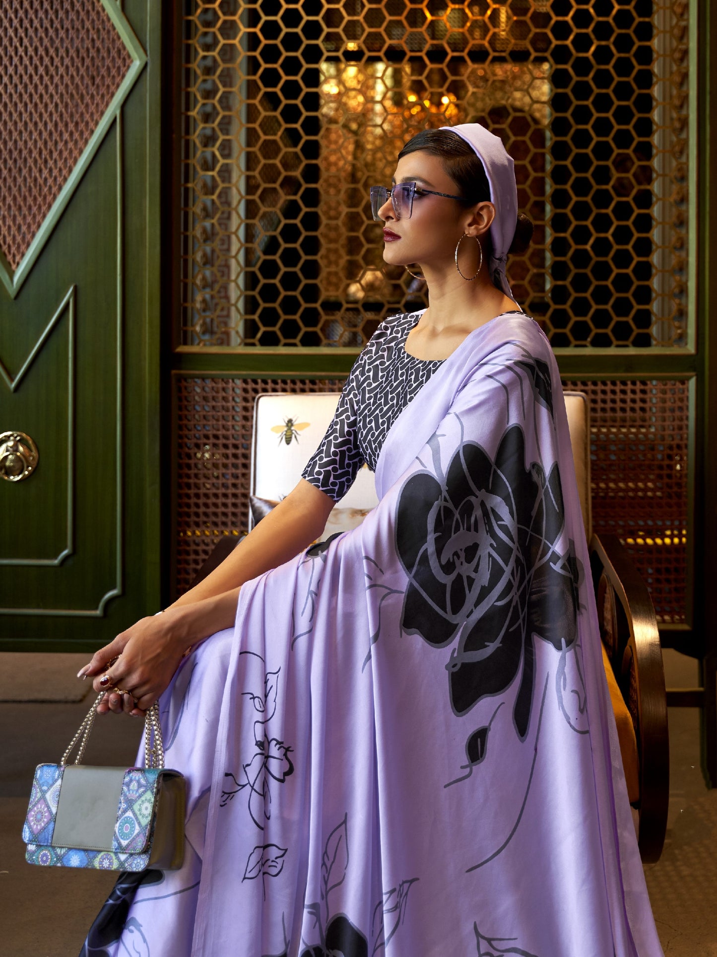 Lilac Purple Satin Silk Printed Saree