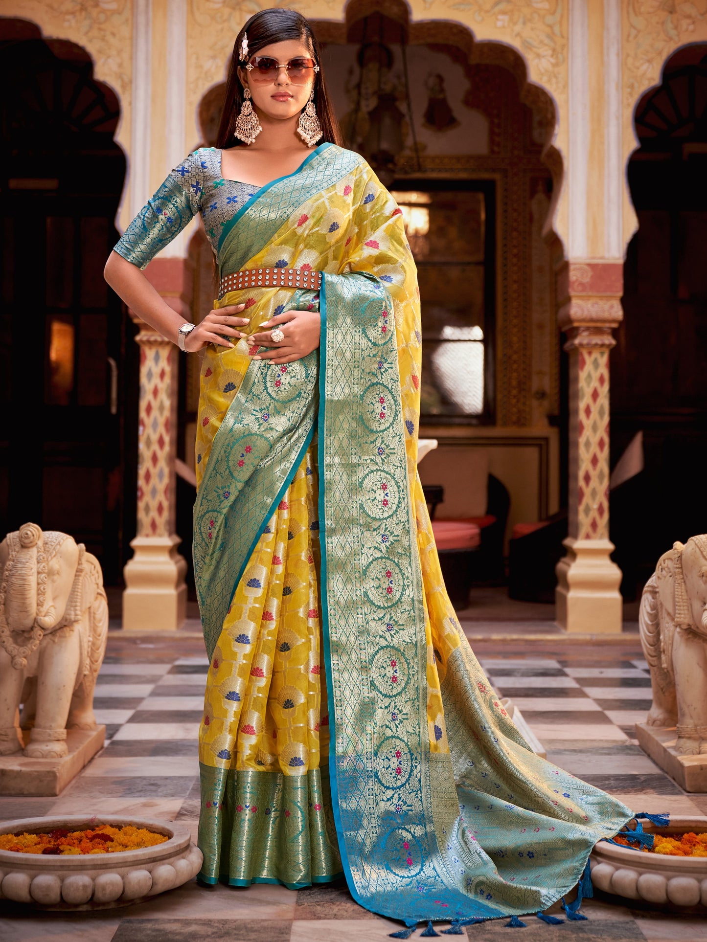 Sunglow Yellow Tissue Silk Saree