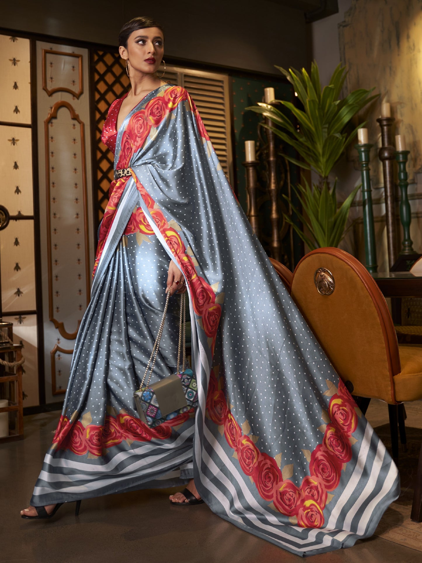Smokey Gray Satin Silk Printed Saree
