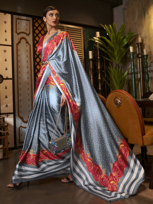 Smokey Gray Satin Silk Printed Saree