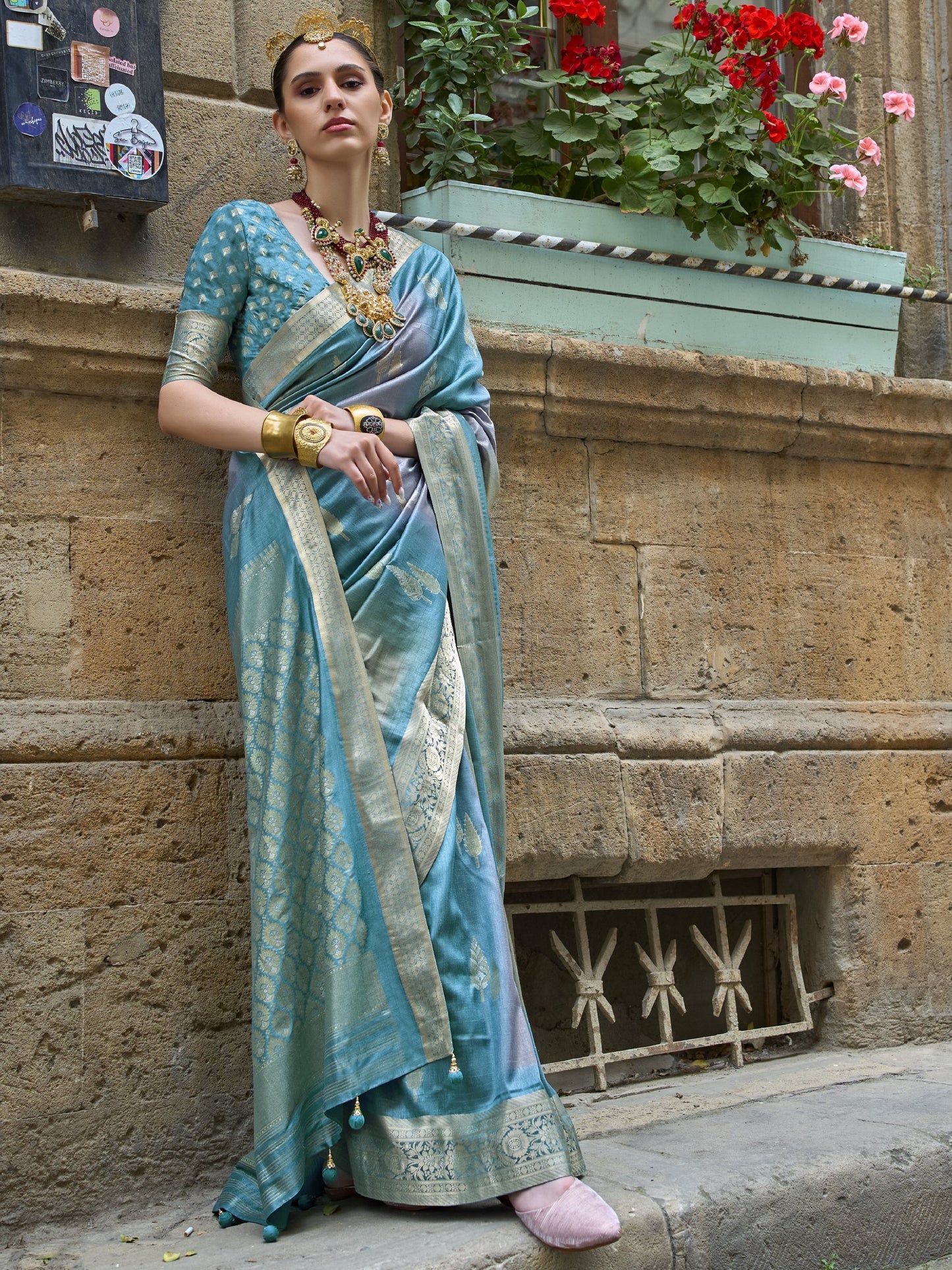 Azure Blue Banarasi Print Soft Silk Saree