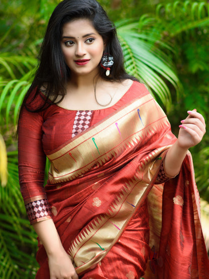 Brick Brown Tussar Silk Paithani Saree