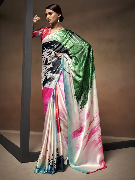 Multicolor Satin Silk Printed Saree