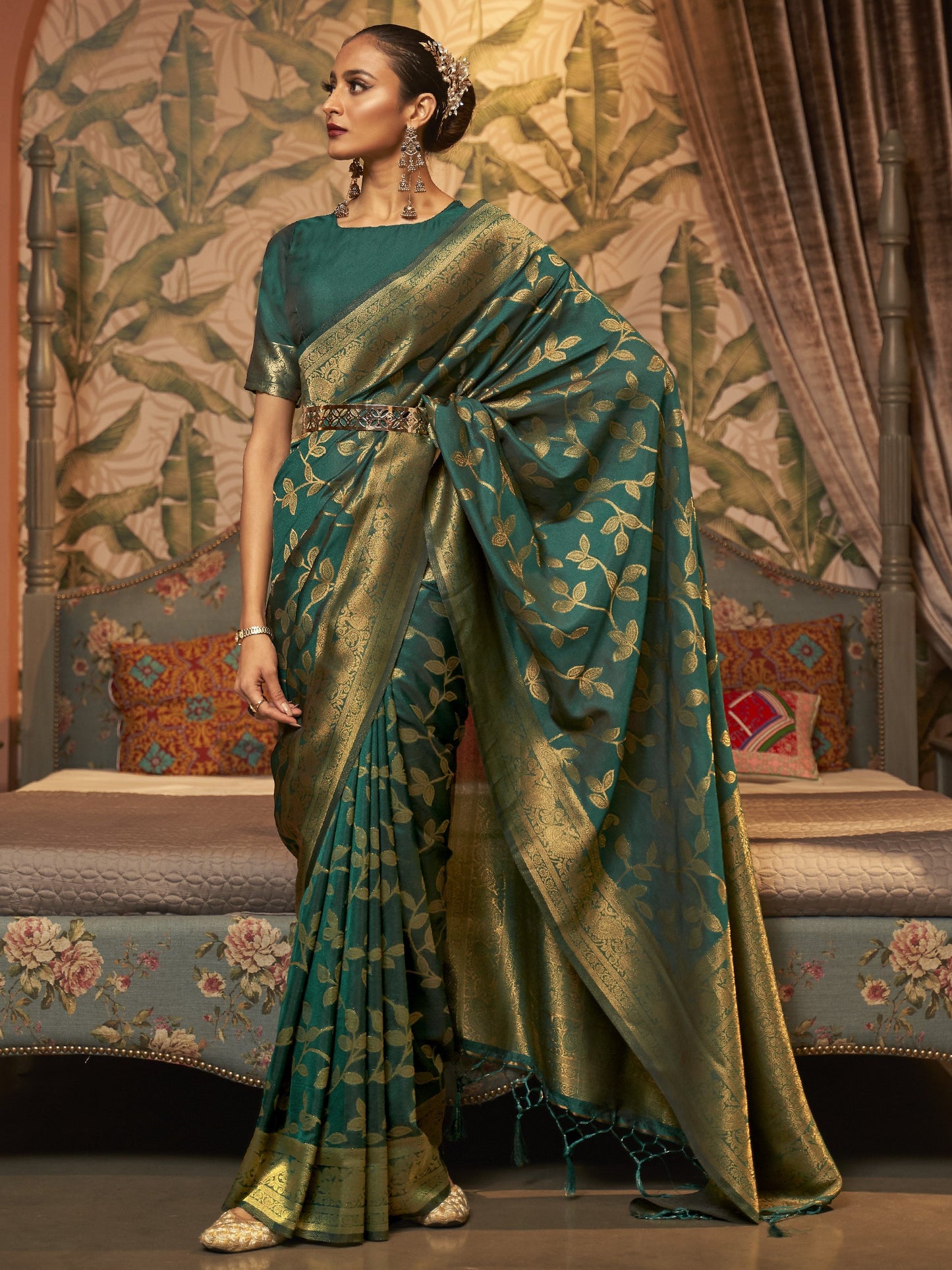 Teal Green Woven Banarasi Saree