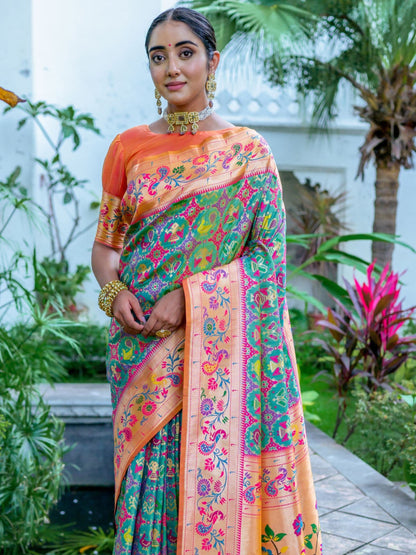 Sea Green & Orange Woven Patola Paithani Silk Saree