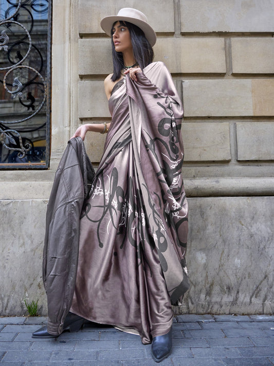 Nord Purple Satin Crepe Print Saree