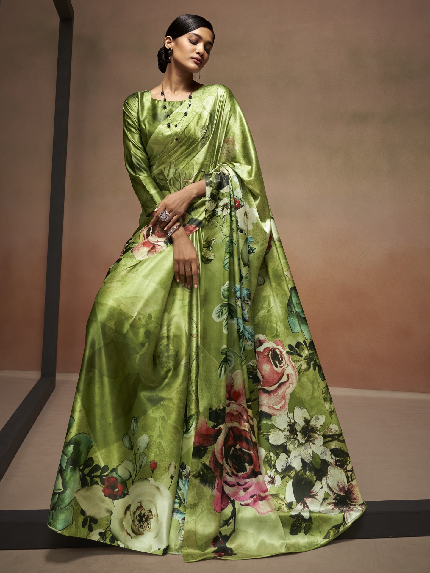 Olive Green Satin Silk Printed Saree