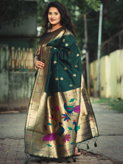 Forest Green Tussar Silk Paithani Saree