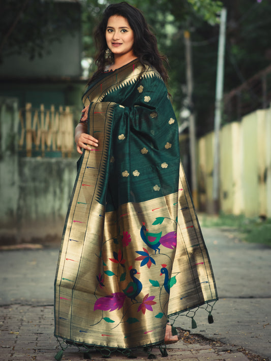 Forest Green Tussar Silk Paithani Saree