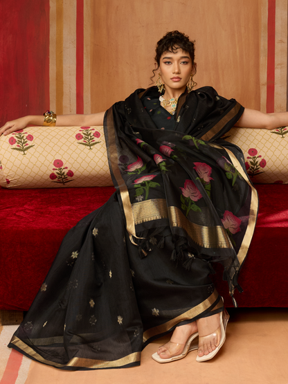 Coal Black Spun Cotton Weaving Saree