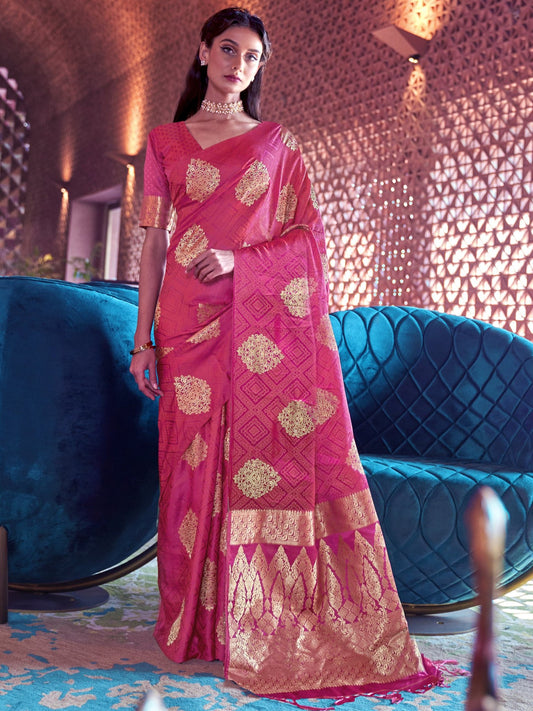 Bubblegum Pink Satin Silk Banarasi Saree