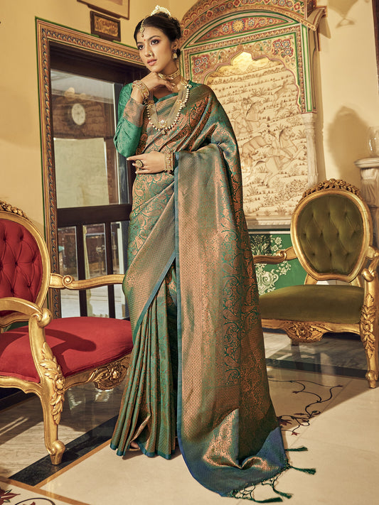 Golden Teal Kanjivaram Saree