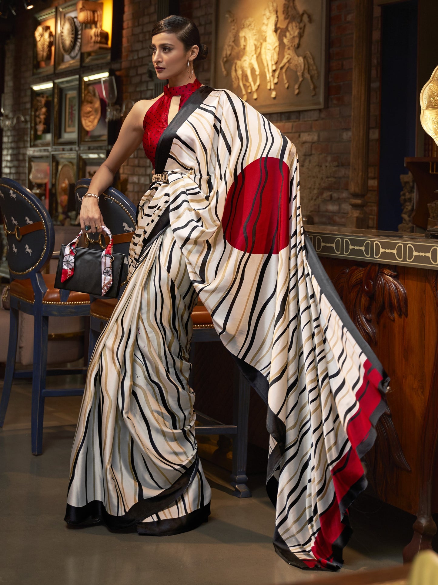 White & Red Satin Silk Printed Saree