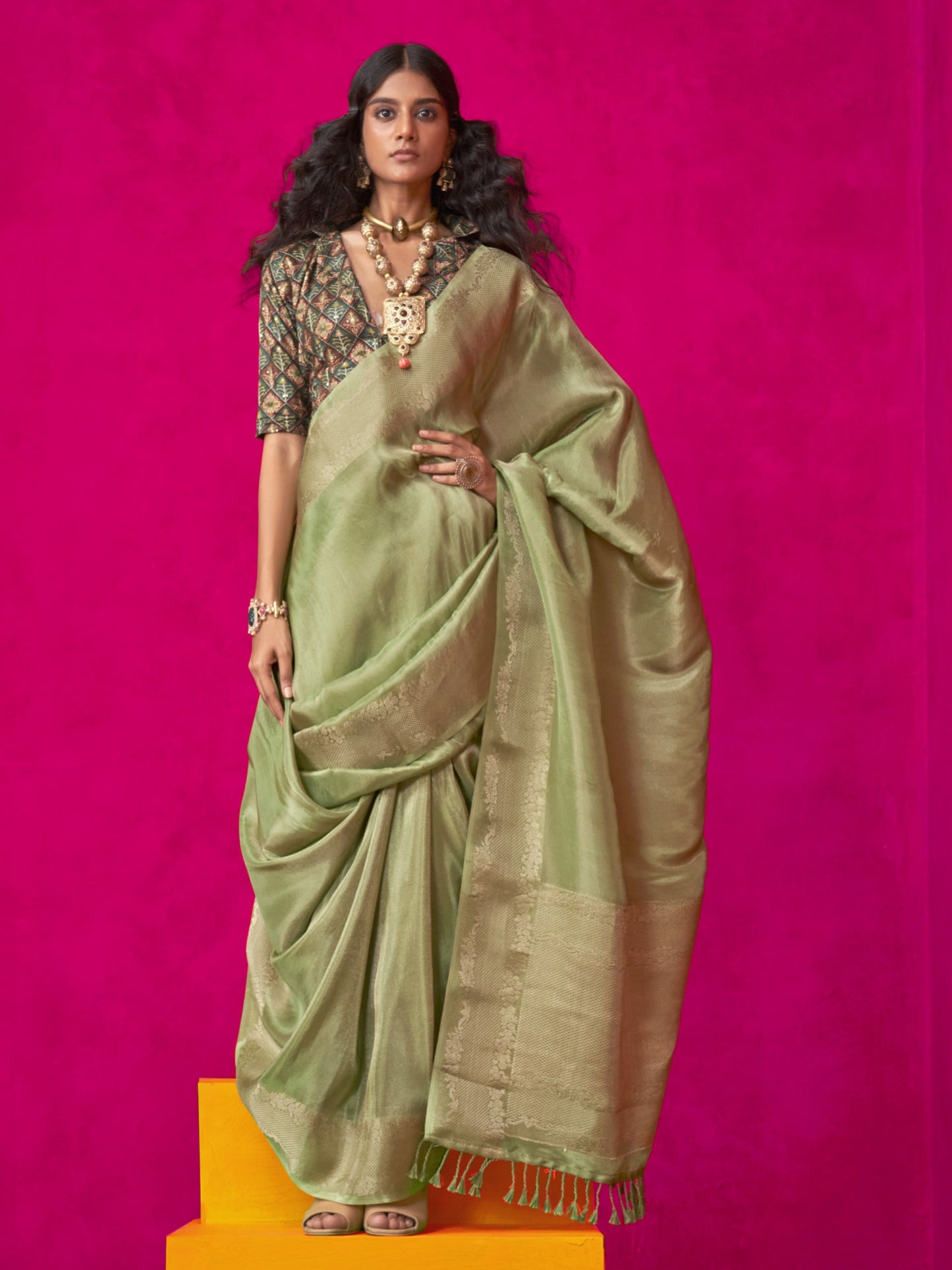 Mantis Green Zari Woven Tissue Silk Saree with Contrast Blouse