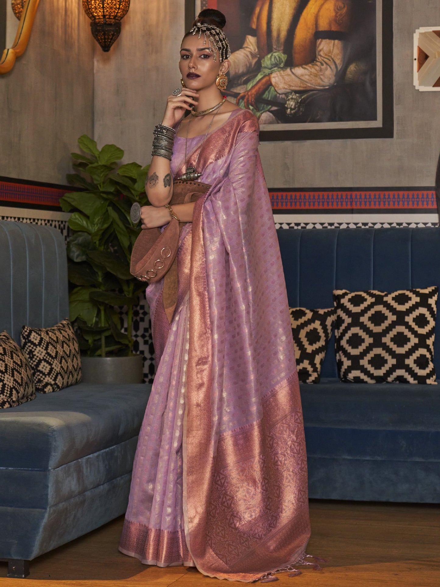Lavender Pink Tissue Silk Saree