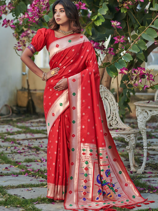 Geranium Red Paithani Saree