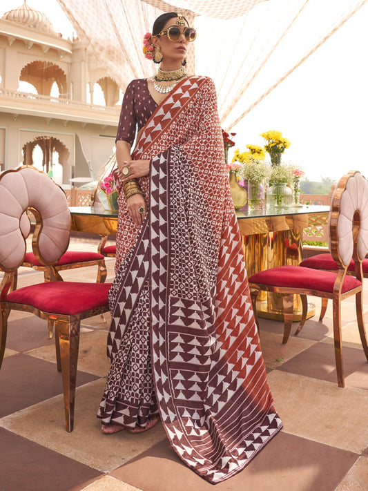 Brick Brown Printed Patola Silk Saree