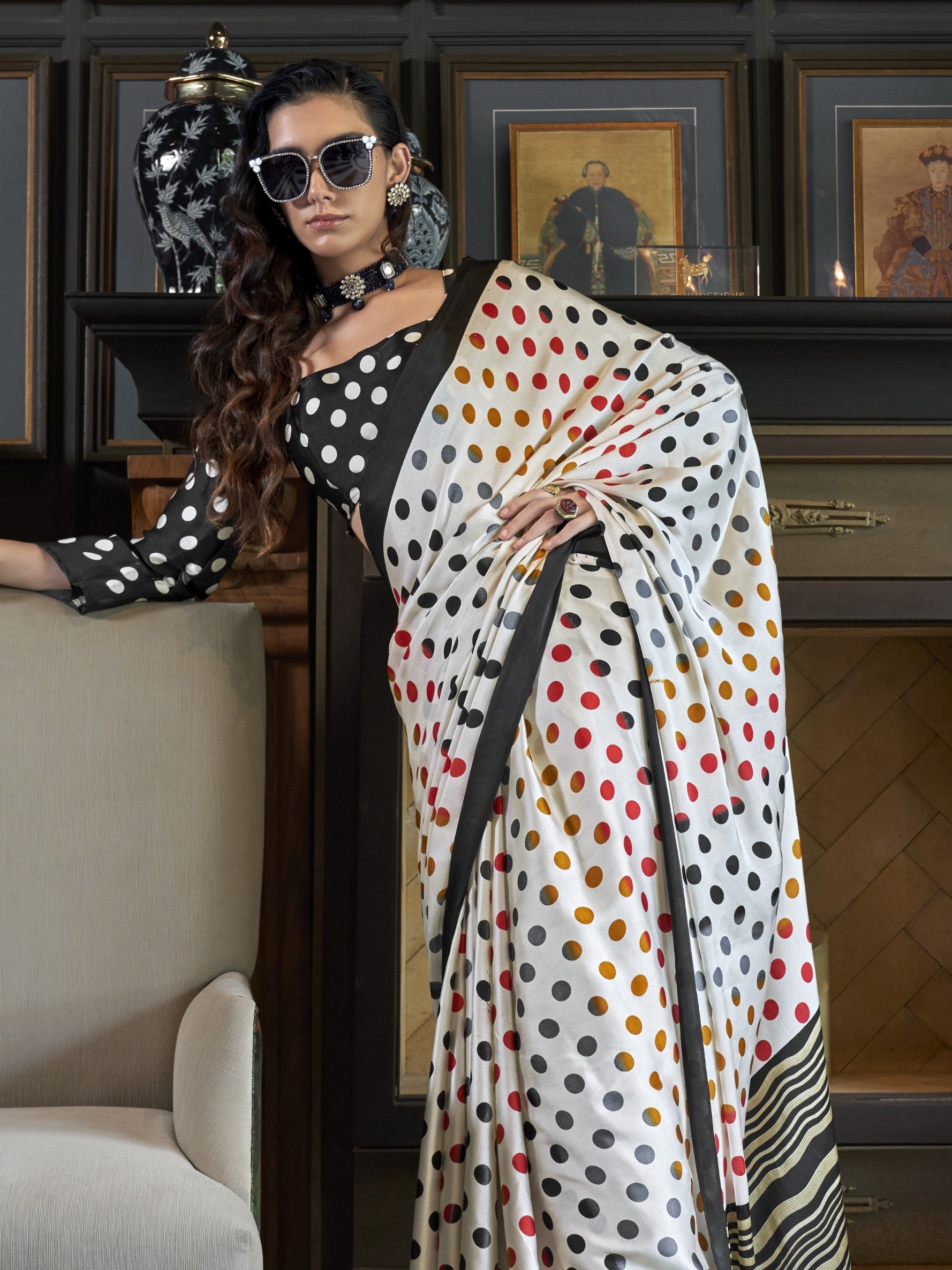 printed satin saree